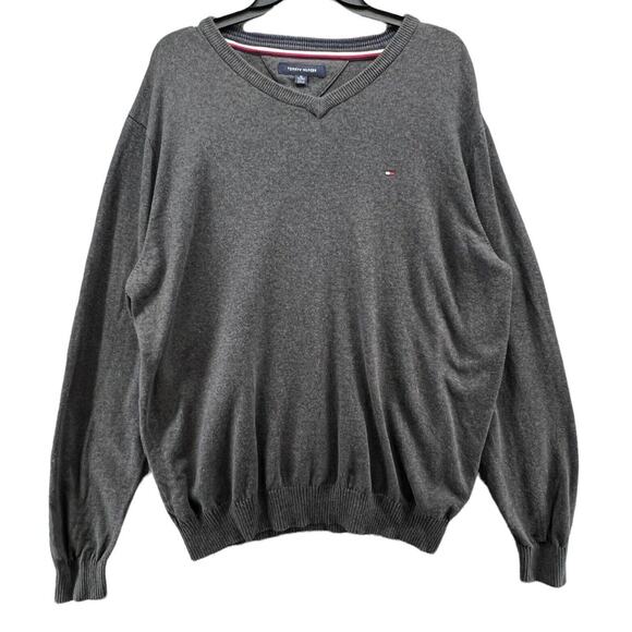 Tommy Hilfiger Sweater Mens XL Gray Soft Combed Cotton Pullover V Neck Preppy - Picture 1 of 12